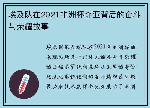 埃及队在2021非洲杯夺亚背后的奋斗与荣耀故事 埃及队在2021非洲杯夺亚背后的奋斗与荣耀故事