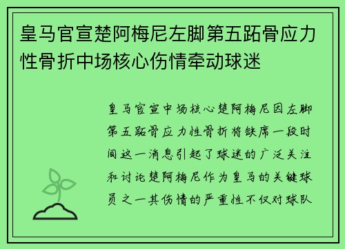 皇马官宣楚阿梅尼左脚第五跖骨应力性骨折中场核心伤情牵动球迷